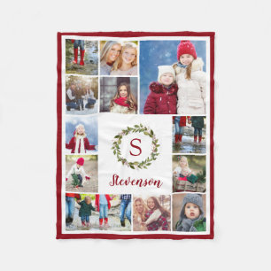 Holiday Greenery Wreath Family Monogram 12 Photo Fleece Blanket