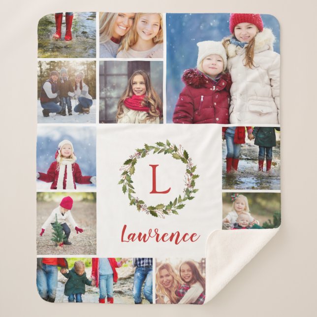 Holiday Greenery Wreath Family Monogram 12 Photo Sherpa Blanket (Front)