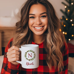 Holiday Greenery Wreath Family Monogram Coffee Mug