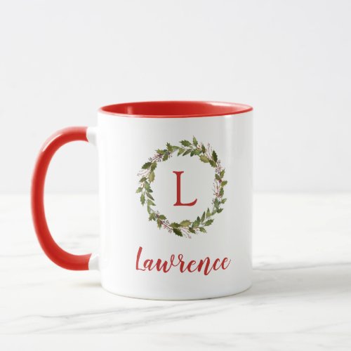 Holiday Greenery Wreath Family Monogram Mug