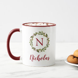 Holiday Greenery Wreath Family Monogram Mug