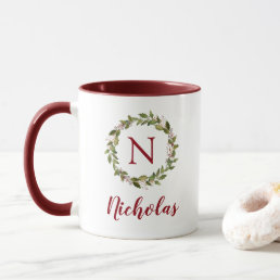 Holiday Greenery Wreath Family Monogram Mug