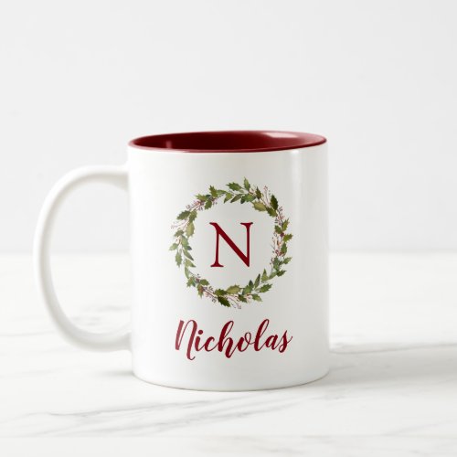 Holiday Greenery Wreath Family Monogram Two_Tone Coffee Mug