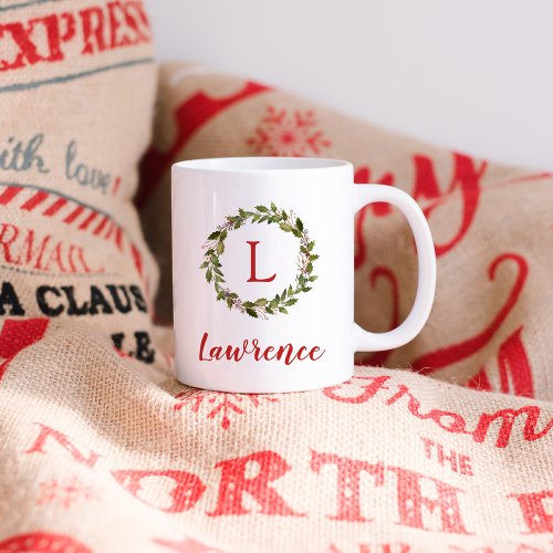 Holiday Greenery Wreath Family Monogram Two_Tone Coffee Mug