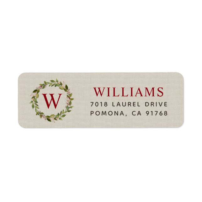 Holiday Greenery Wreath Monogram Address Label (Front)