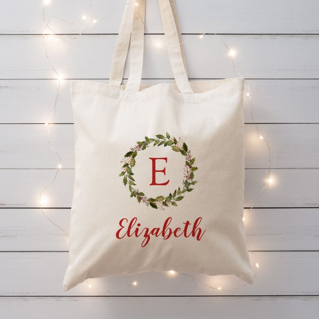 Holiday Greenery Wreath Monogram Reusable Gift Tote Bag (Creator Uploaded)