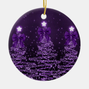 Holiday Greeting Purple Christmas Trees Bows Ceramic Ornament