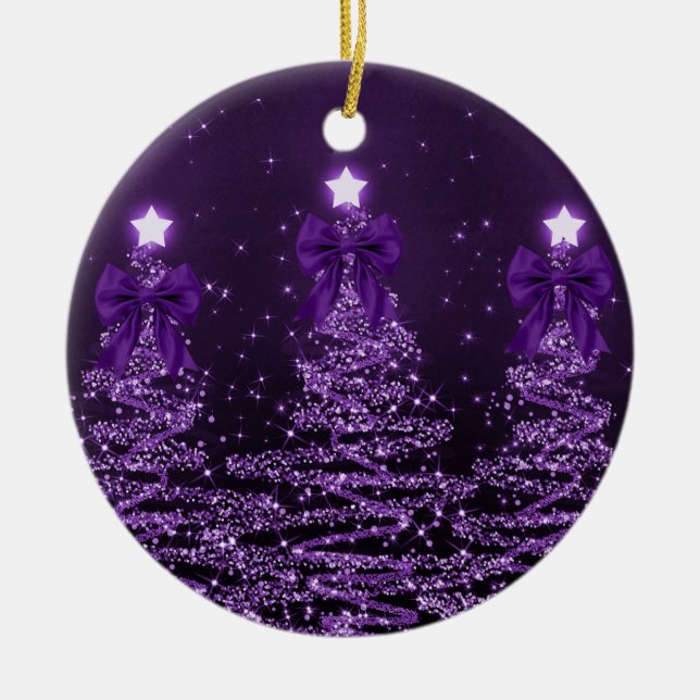Holiday Greeting Purple Christmas Trees Bows Ceramic Ornament (Front)