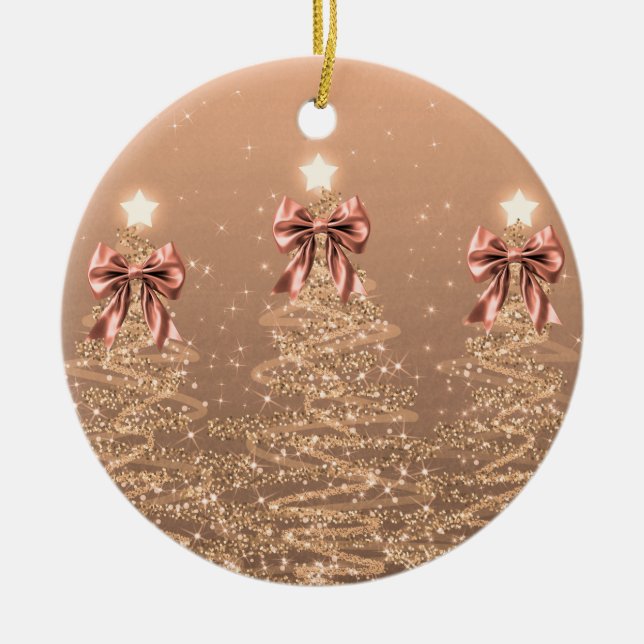 Holiday Greeting Rose Gold Christmas Trees Bows Ceramic Ornament (Front)