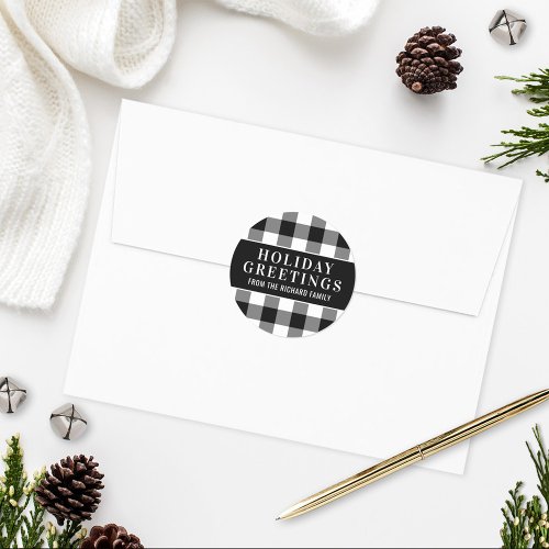 Holiday Greetings Black and White Buffalo Plaid Classic Round Sticker