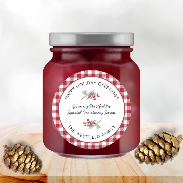 Holiday Greetings Burgundy Check Food Gift Classic Round Sticker (Happy Holiday Greetings Burgundy Buffalo Plaid Food Gift Round Jar Label)