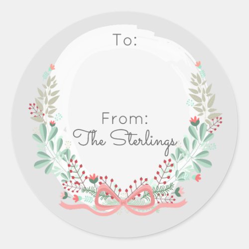 Holiday Greetings Modern Floral Wreath To  From Classic Round Sticker