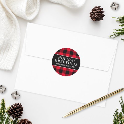 Holiday Greetings Red and Black Buffalo Plaid Classic Round Sticker