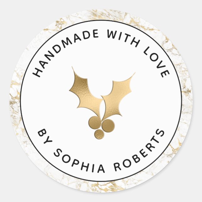 Holiday Handmade with Love Gold Holly Classic Round Sticker (Front)