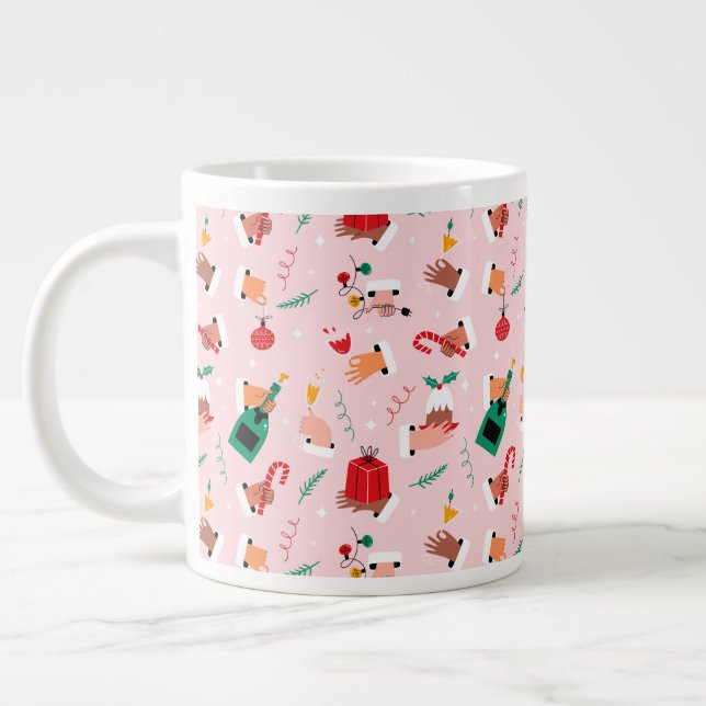 Holiday Hands Festive Celebration Pattern Giant Coffee Mug (Left)