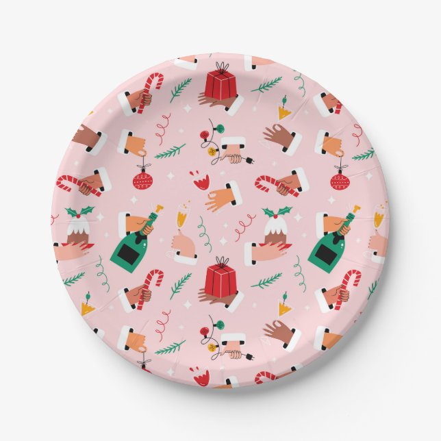 Holiday Hands Festive Celebration Pattern Paper Plates (Front)