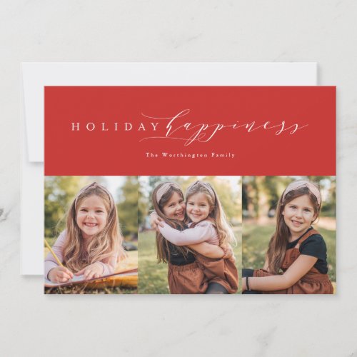 Holiday happiness red three photo card