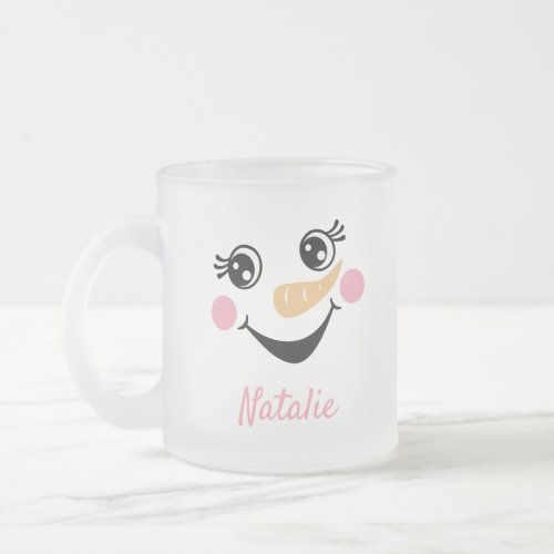 Holiday Happy Snowman Face Monogram Frosted Glass Coffee Mug