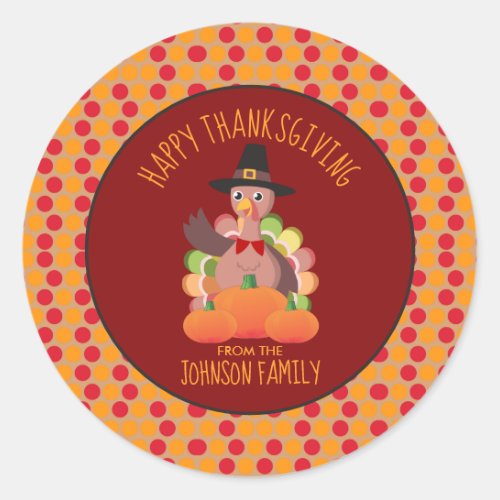 Holiday Happy Thanksgiving Turkey Family Name Classic Round Sticker