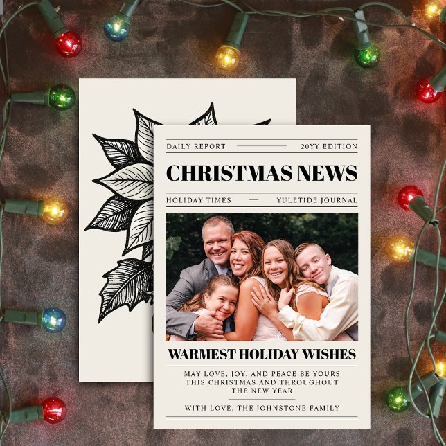 Holiday Headline Christmas Newspaper Photo Card (Extra! Extra! Read all about it! Newspaper headline Christmas holiday photo card front and back view)