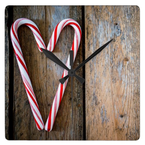 Holiday Heart Candy Canes on Rustic Wood Square Wall Clock