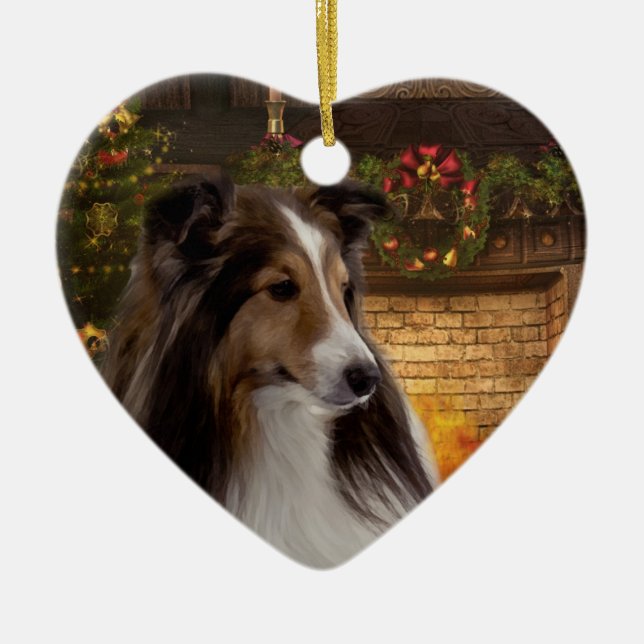 Holiday Heart Sheltie Ceramic Ornament (Front)