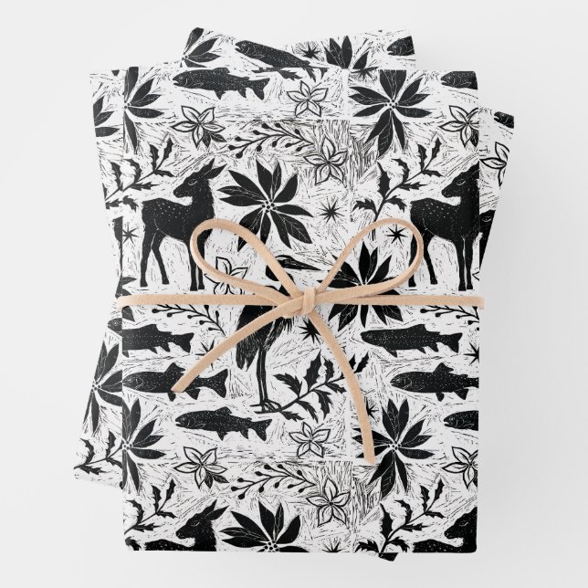 Holiday Heron and Deer Wrapping Paper Sheets (In situ)