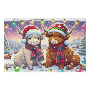Holiday Highland Cows in Winter Wonderland Manga Faux Canvas Print