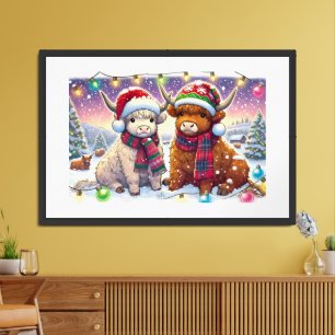 Holiday Highland Cows in Winter Wonderland Manga Framed Art