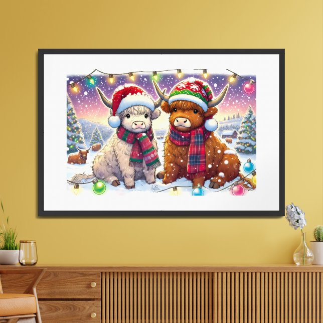 Holiday Highland Cows in Winter Wonderland Manga Framed Art (Living Room)