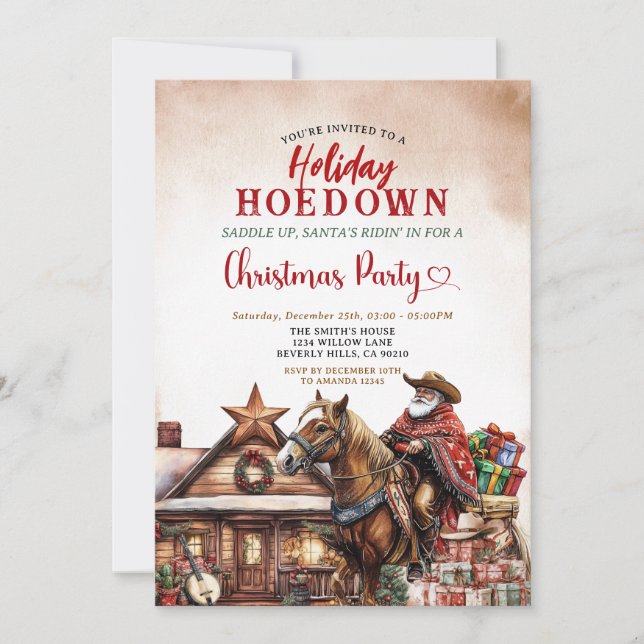 Holiday Hoedown Western Christmas Santa Cowboy Invitation (Front)