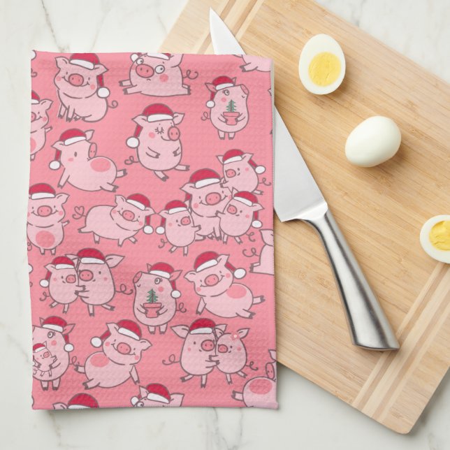 Holiday Hogs Cute Pink Christmas Hat Pigs Kitchen Towel (Quarter Fold)