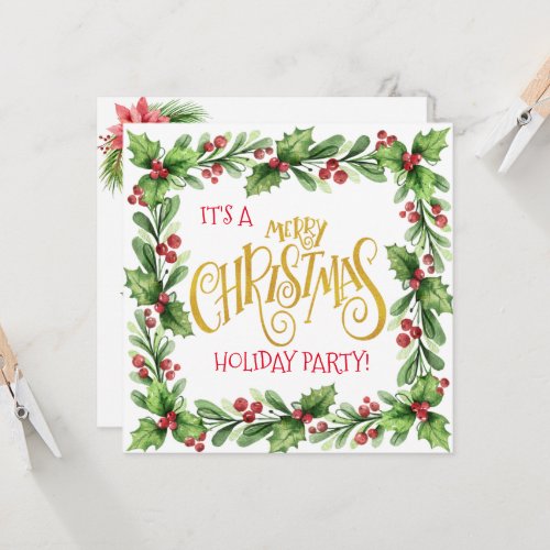 Holiday Holly and Berries Christmas Party Invitation