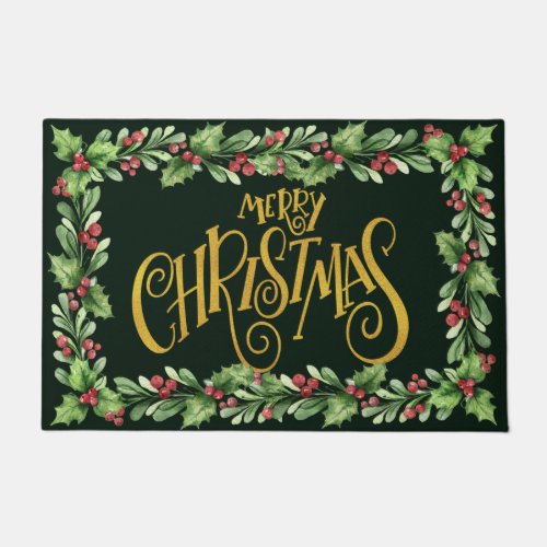 Holiday Holly and Berries _ Gold Merry Christmas Doormat