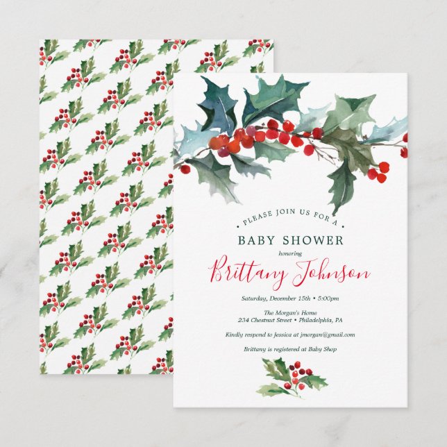 Holiday Holly Baby Shower Invitation (Front/Back)