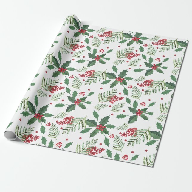 Holiday Holly & Berries - Large Wrapping Paper (Unrolled)