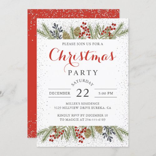 Holiday Holly Berries Snow Christmas Party Invitation