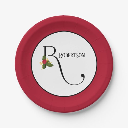 Holiday Holly Berry Monogram Initial R Paper Plates