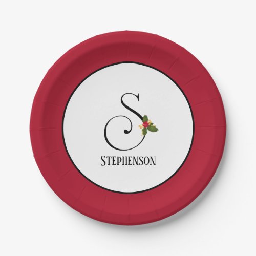 Holiday Holly Berry Monogram Initial S Paper Plates