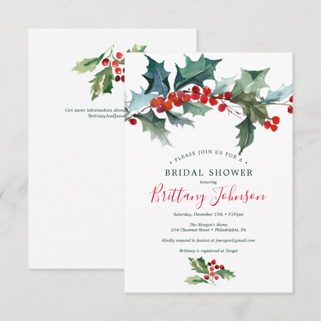 Holiday Holly Bridal Shower Invitation (Front/Back)