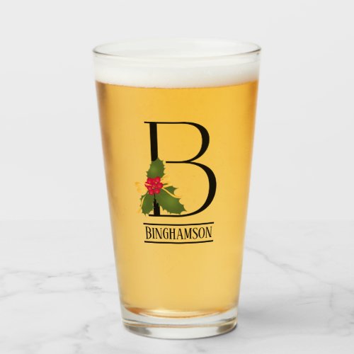 Holiday Holly Monogram B Personalized Beer Glass