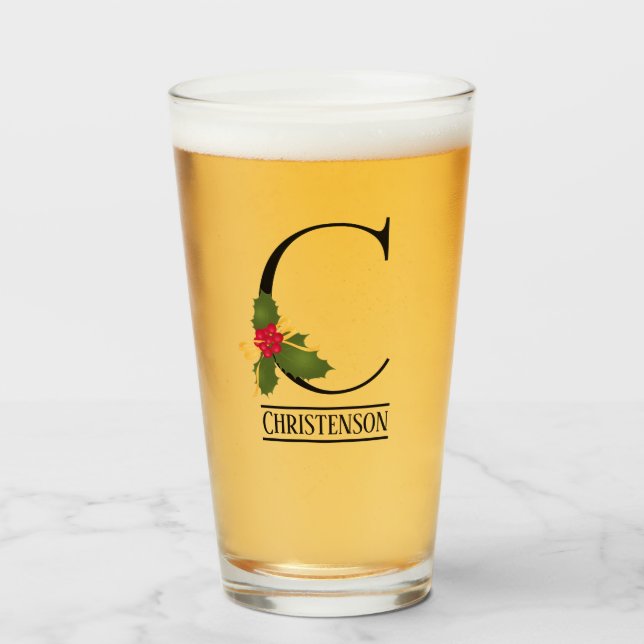 Holiday Holly Monogram C Personalized Beer Glass (Front Filled)