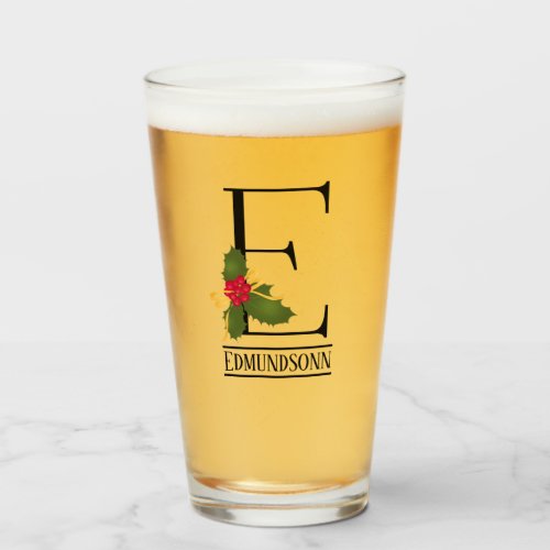 Holiday Holly Monogram E Personalized Beer Glass