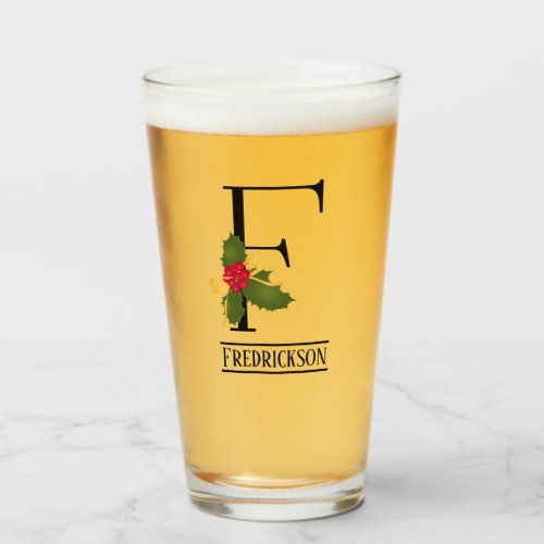 Holiday Holly Monogram F Personalized Beer Glass