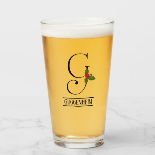 Holiday Holly Monogram G Personalized Beer Glass