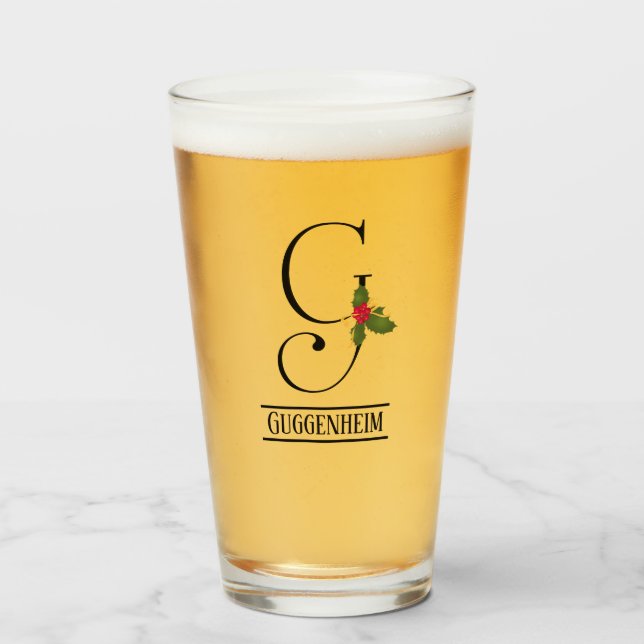 Holiday Holly Monogram G Personalized Beer Glass (Front Filled)