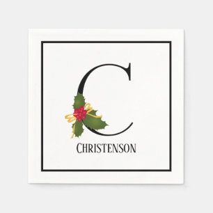 Holiday Holly Monogram Letter C Personalized Paper Napkins