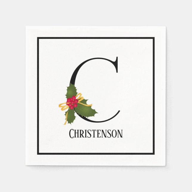 Holiday Holly Monogram Letter C Personalized Paper Napkins (Front)