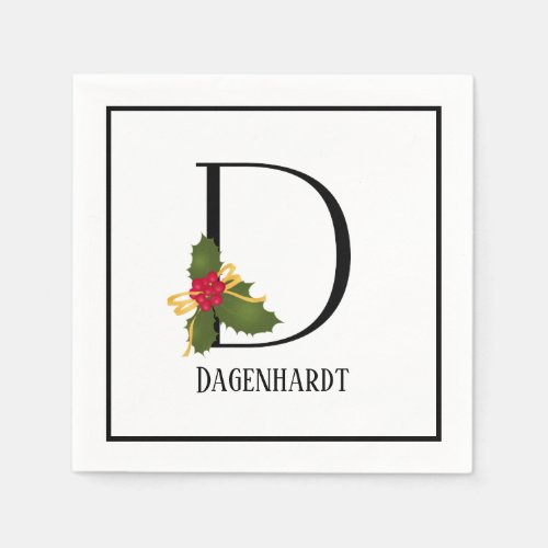 Holiday Holly Monogram Letter D Personalized Paper Napkins