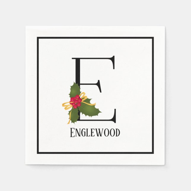 Holiday Holly Monogram Letter E Personalized Paper Napkins (Front)